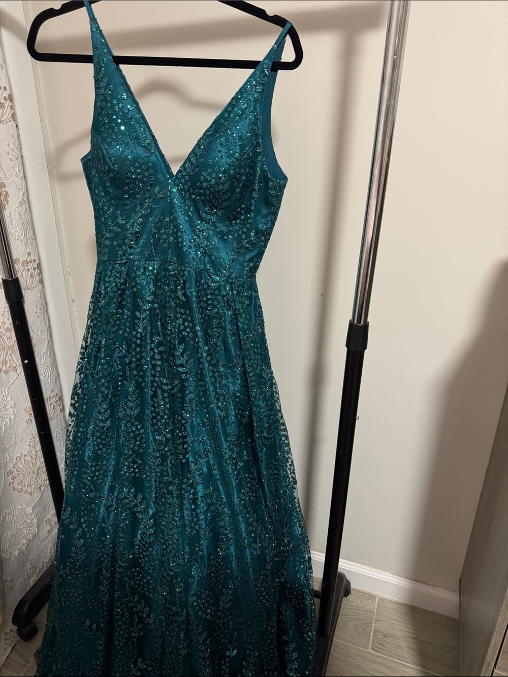 Teal Sequin V-Neck Prom Dress